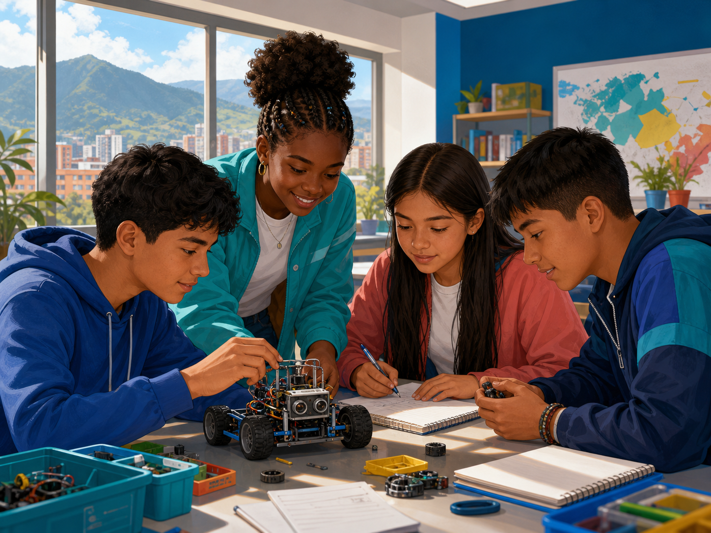Estudiantes colombianos de secundaria construyendo un robot